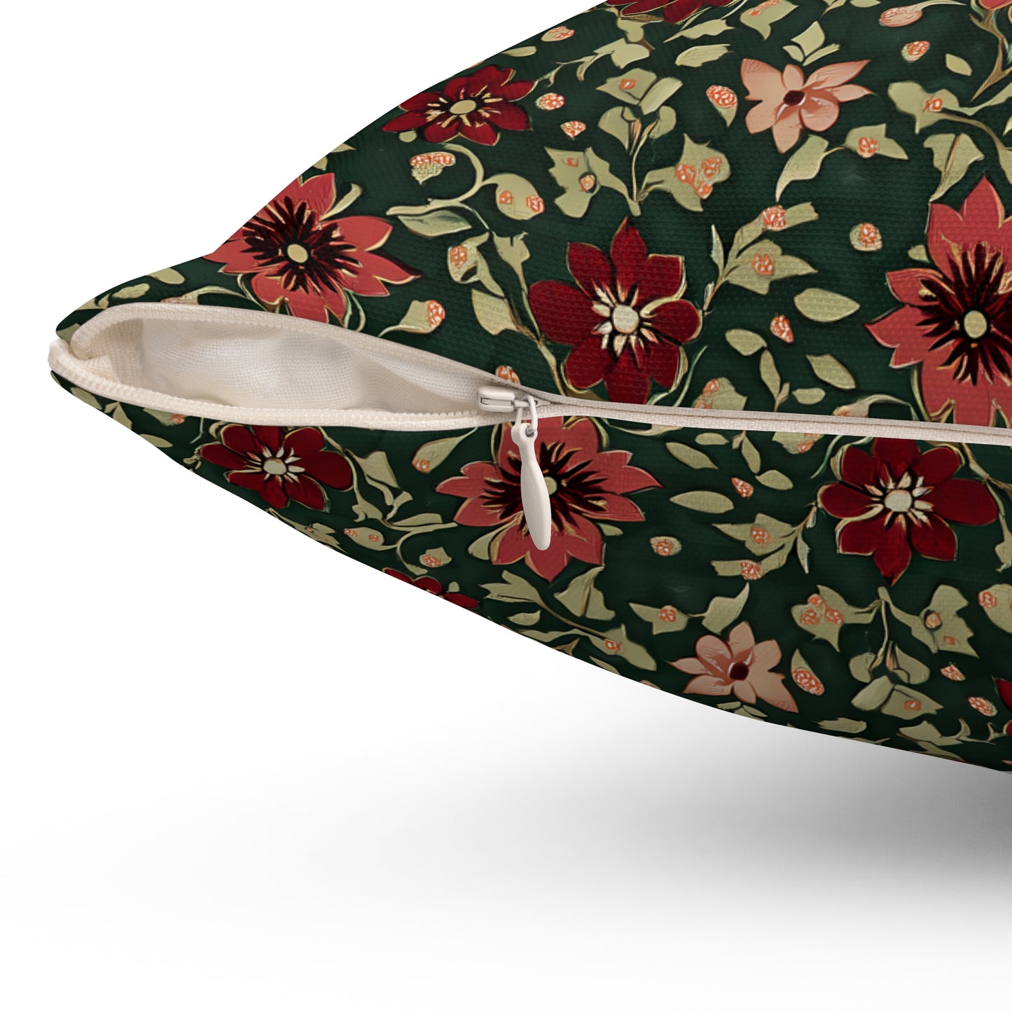 Burgundy Red and Green Dark Holiday Floral Square Throw Pillow