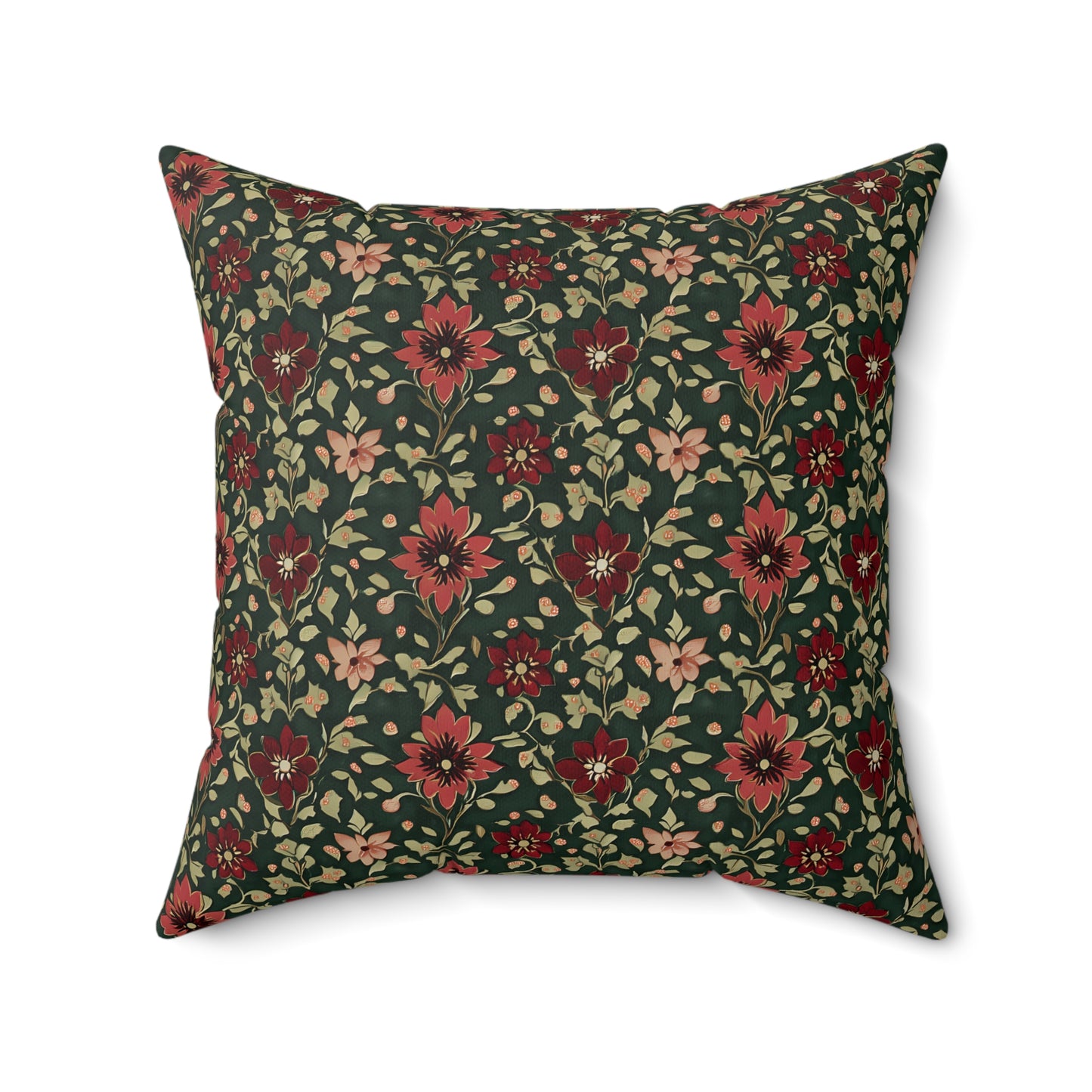 Burgundy Red and Green Dark Holiday Floral Square Throw Pillow