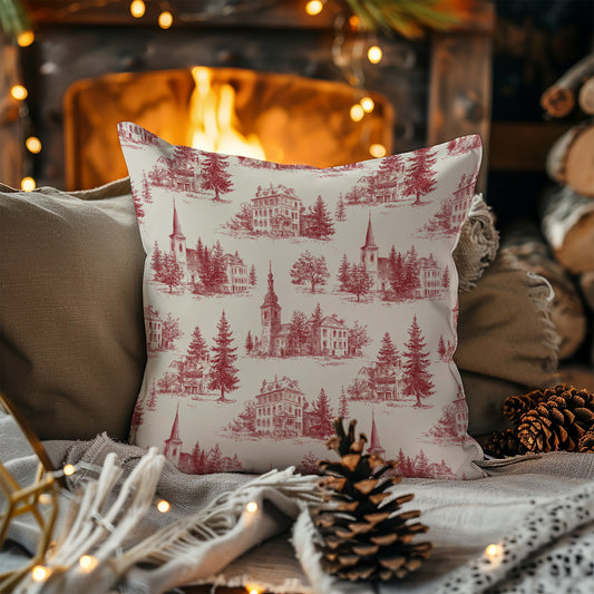 Red Church and Town Buildings with Fir Tree Toile de Jouy Winter Square Throw Pillow