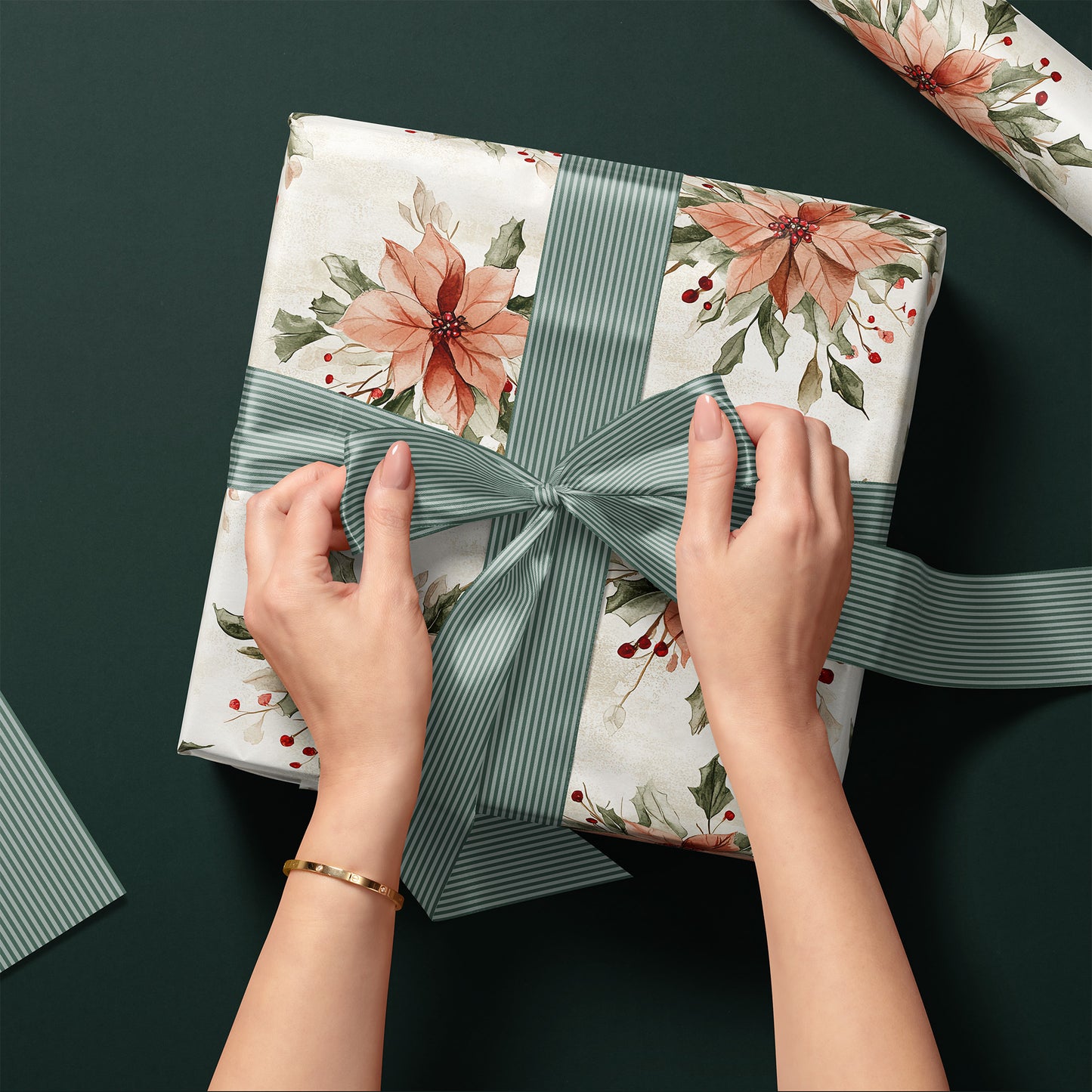 Blush Floral Poinsettia, Greenery and Red Berries Holiday Gift Wrapping Paper Sheets