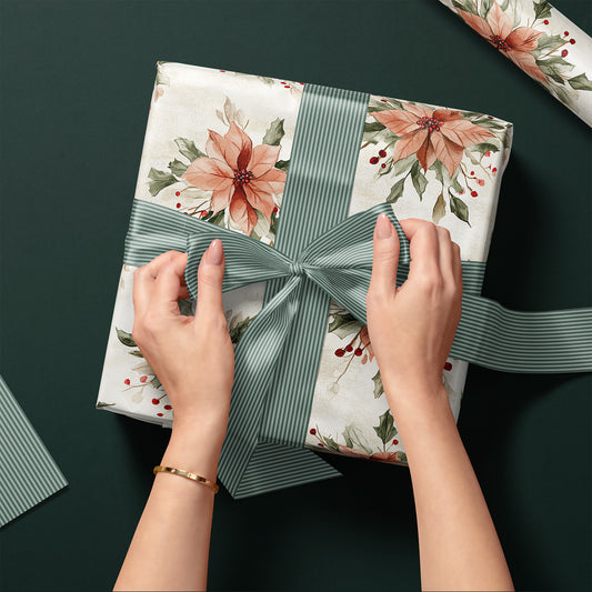 Blush Floral Poinsettia, Greenery and Red Berries Holiday Gift Wrapping Paper Sheets