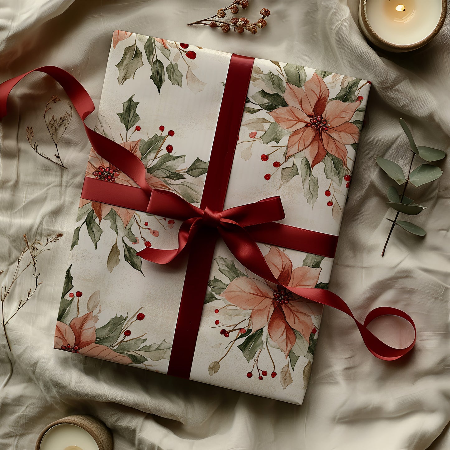 Blush Floral Poinsettia, Greenery and Red Berries Holiday Gift Wrapping Paper Sheets
