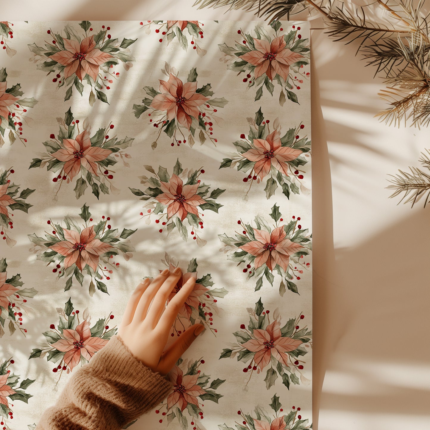 Blush Floral Poinsettia, Greenery and Red Berries Holiday Gift Wrapping Paper Sheets