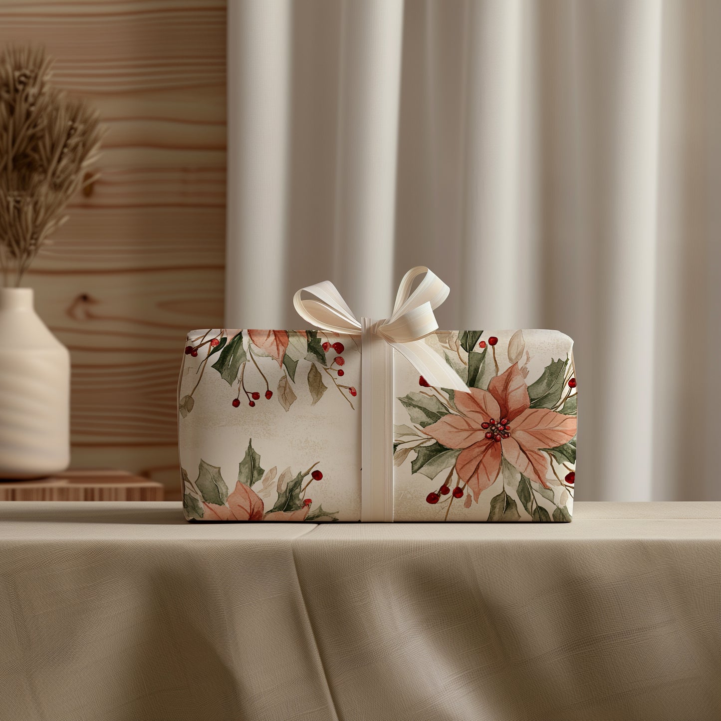 Blush Floral Poinsettia, Greenery and Red Berries Holiday Gift Wrapping Paper Sheets
