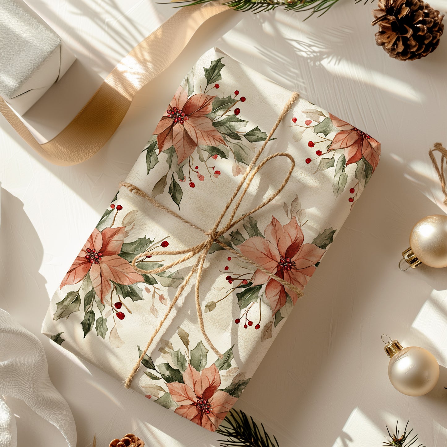 Blush Floral Poinsettia, Greenery and Red Berries Holiday Gift Wrapping Paper Sheets