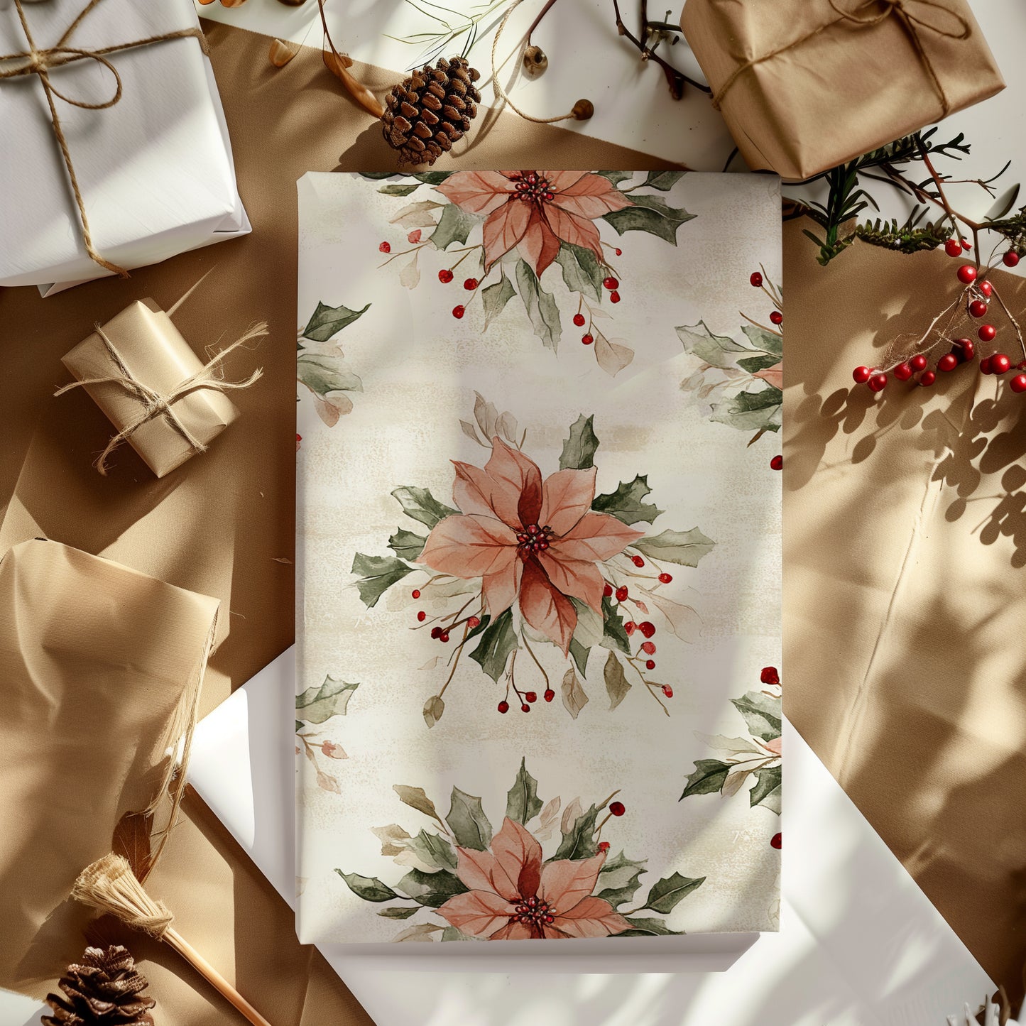 Blush Floral Poinsettia, Greenery and Red Berries Holiday Gift Wrapping Paper Sheets