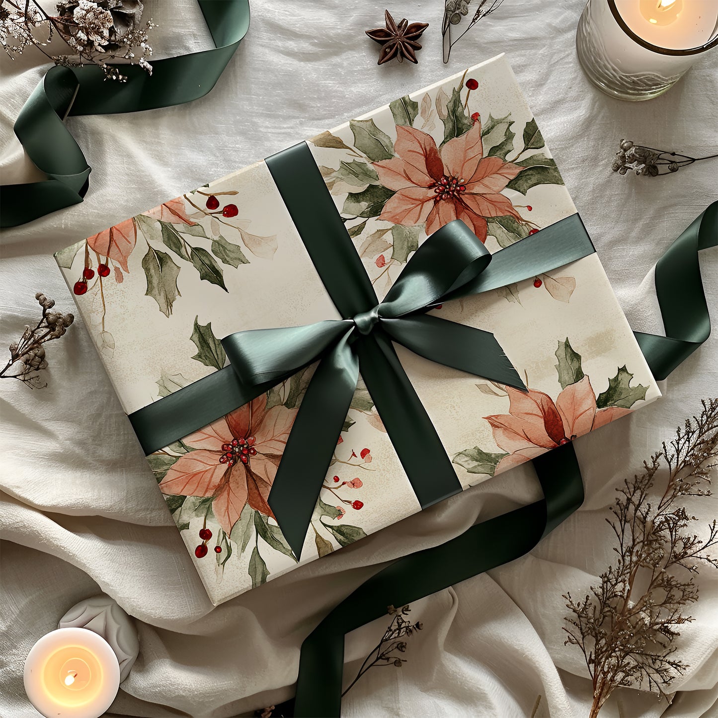 Blush Floral Poinsettia, Greenery and Red Berries Holiday Gift Wrapping Paper Sheets