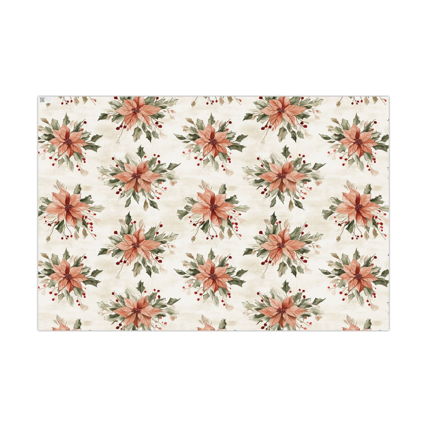 Blush Floral Poinsettia, Greenery and Red Berries Holiday Gift Wrapping Paper Sheets