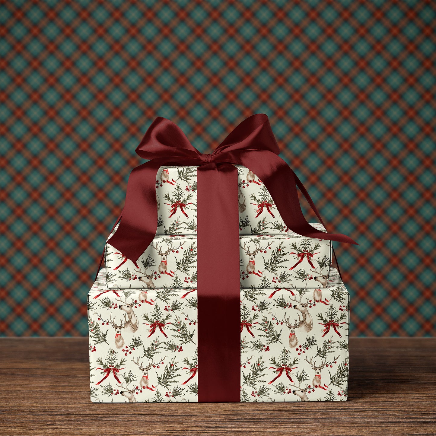 Reindeer with Red Bows and Greenery Holiday Gift Wrapping Paper Sheets
