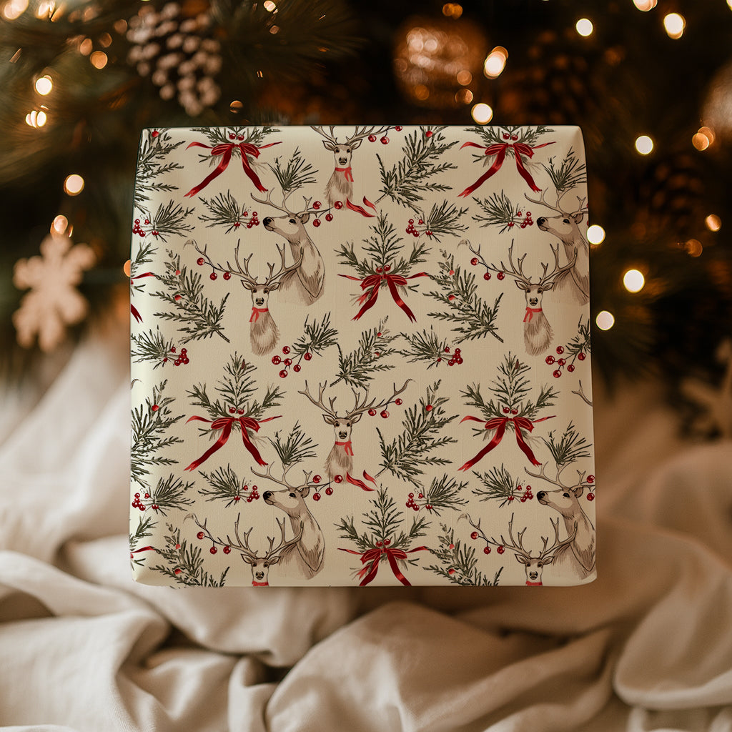 Reindeer with Red Bows and Greenery Holiday Gift Wrapping Paper Sheets