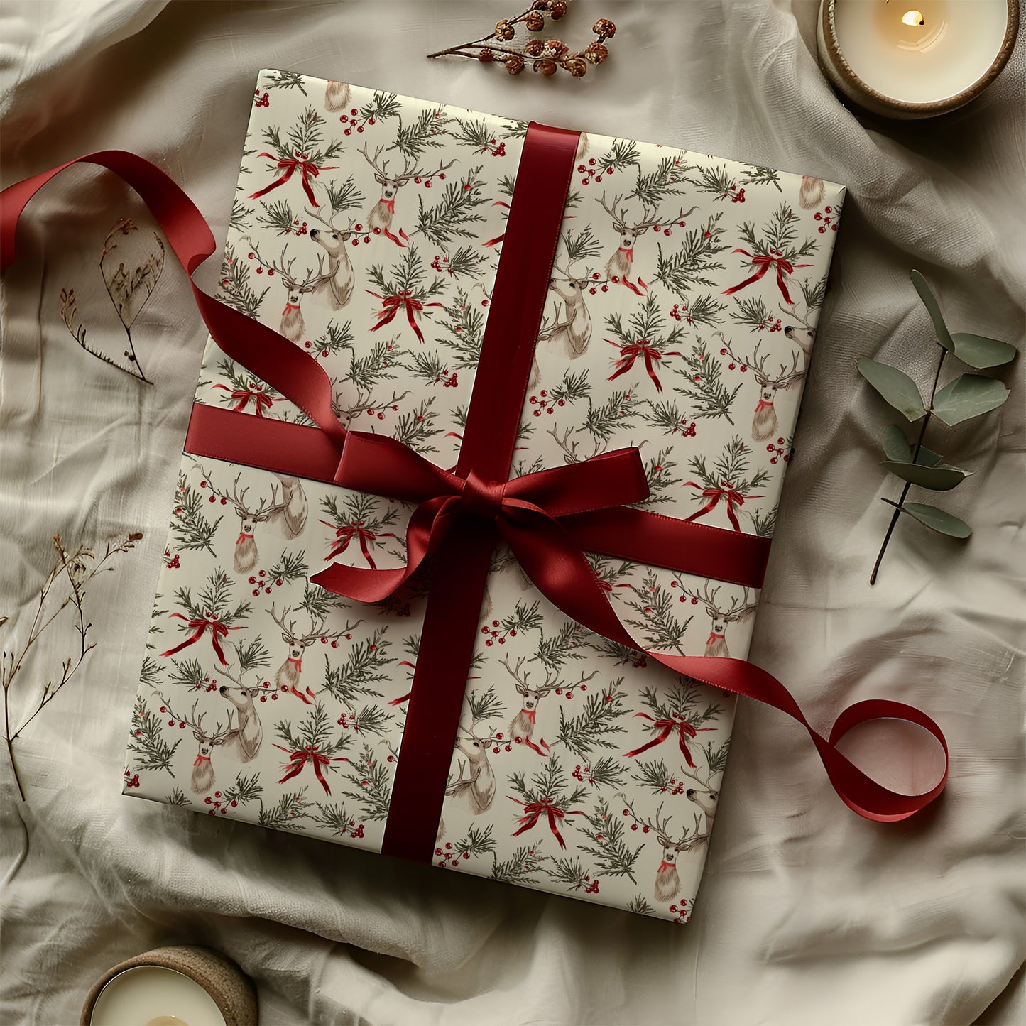 Reindeer with Red Bows and Greenery Holiday Gift Wrapping Paper Sheets