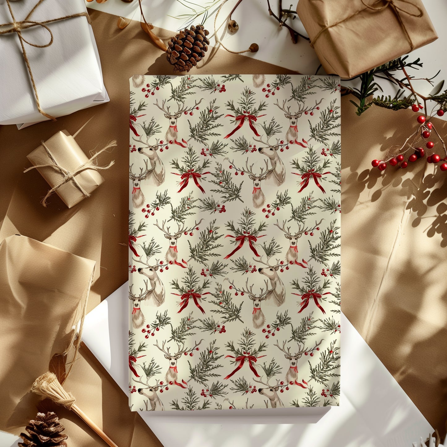 Reindeer with Red Bows and Greenery Holiday Gift Wrapping Paper Sheets