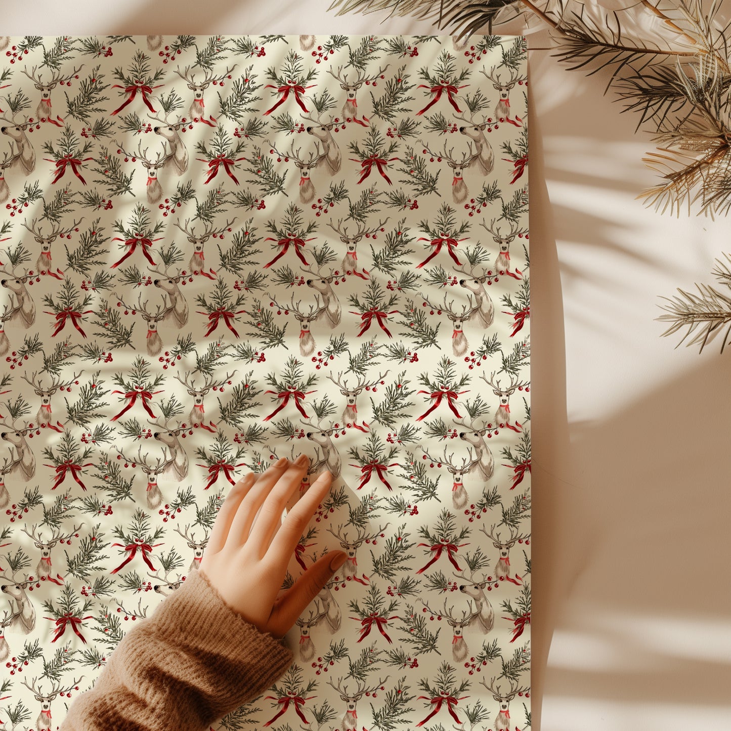 Reindeer with Red Bows and Greenery Holiday Gift Wrapping Paper Sheets