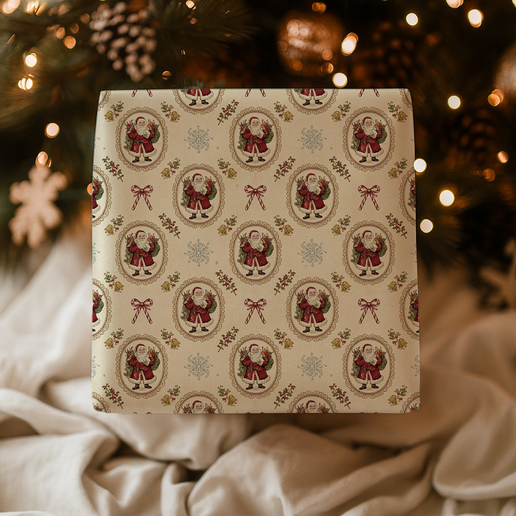 Vintage Santa Crest with Bows Christmas Gift Wrapping Paper Sheets