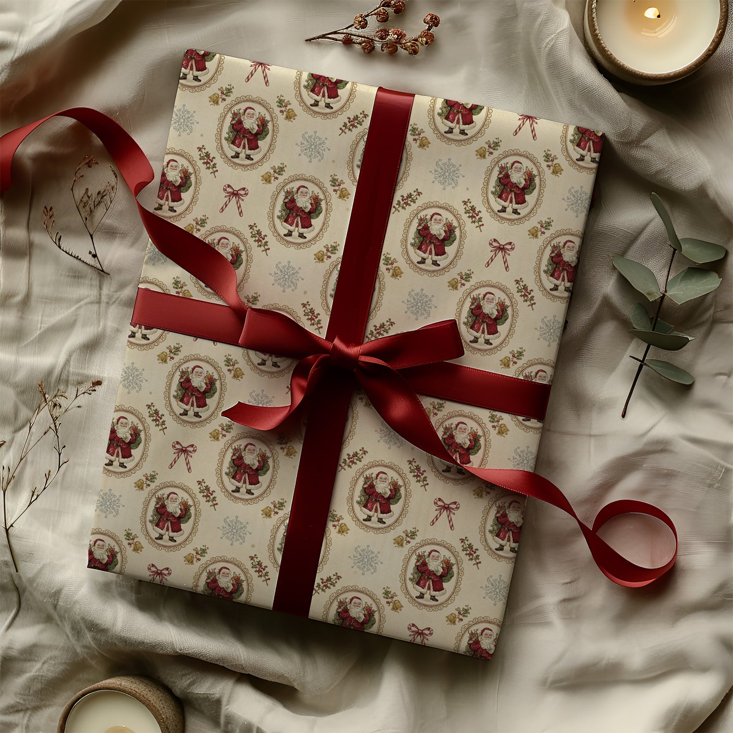 Vintage Santa Crest with Bows Christmas Gift Wrapping Paper Sheets