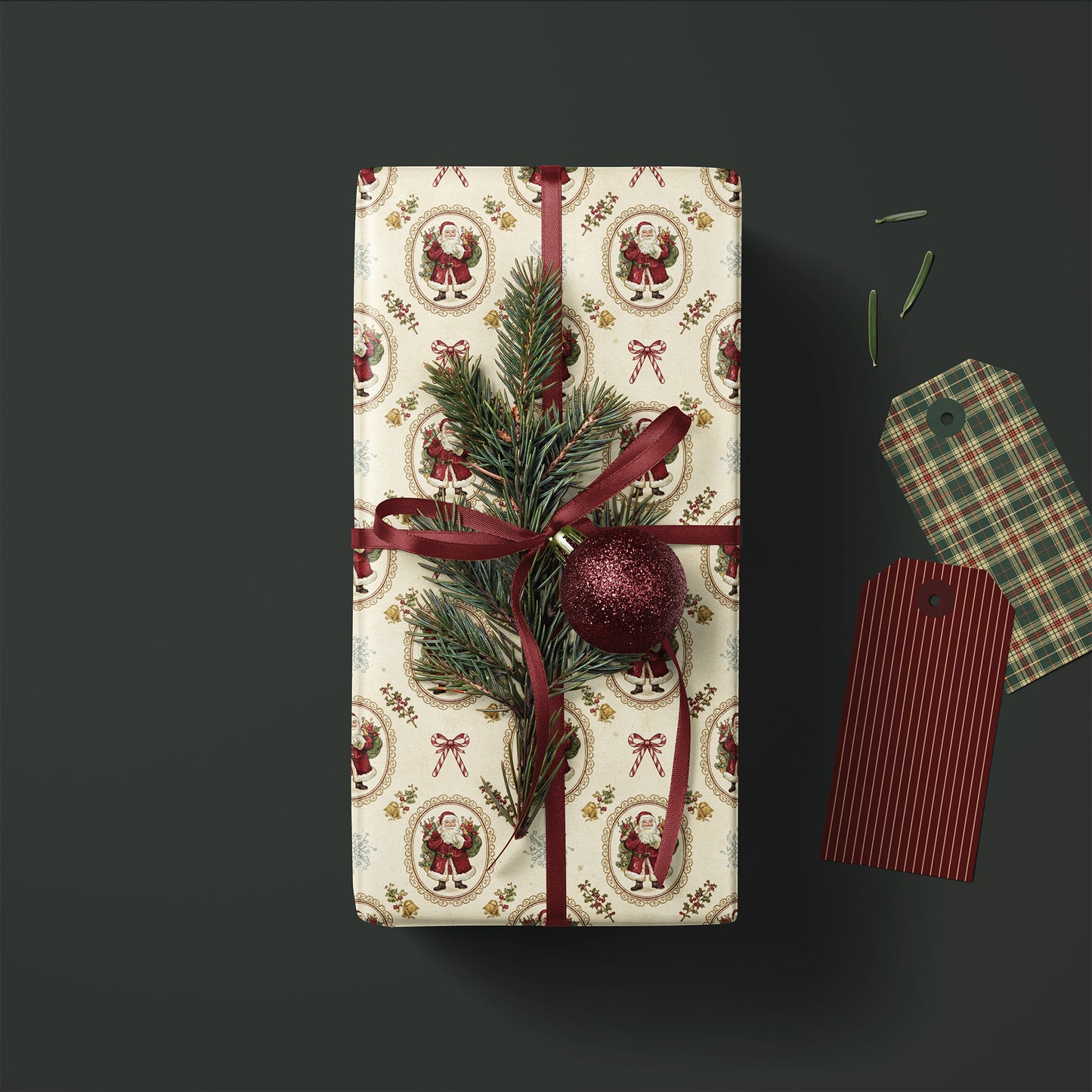 Vintage Santa Crest with Bows Christmas Gift Wrapping Paper Sheets