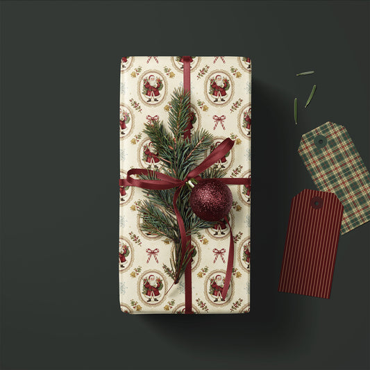 Vintage Santa Crest with Bows Christmas Gift Wrapping Paper Sheets