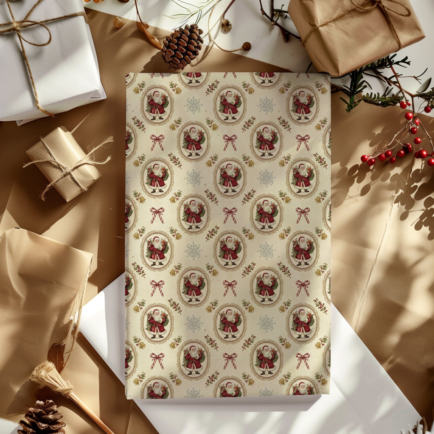 Vintage Santa Crest with Bows Christmas Gift Wrapping Paper Sheets