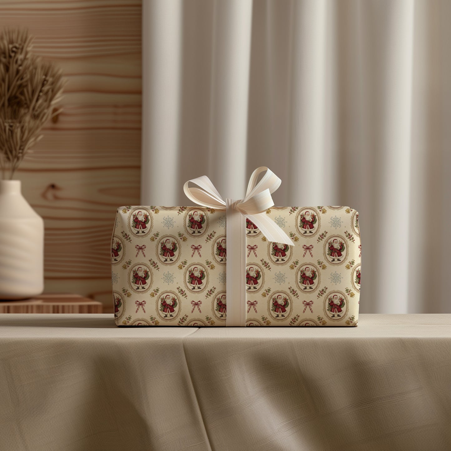 Vintage Santa Crest with Bows Christmas Gift Wrapping Paper Sheets