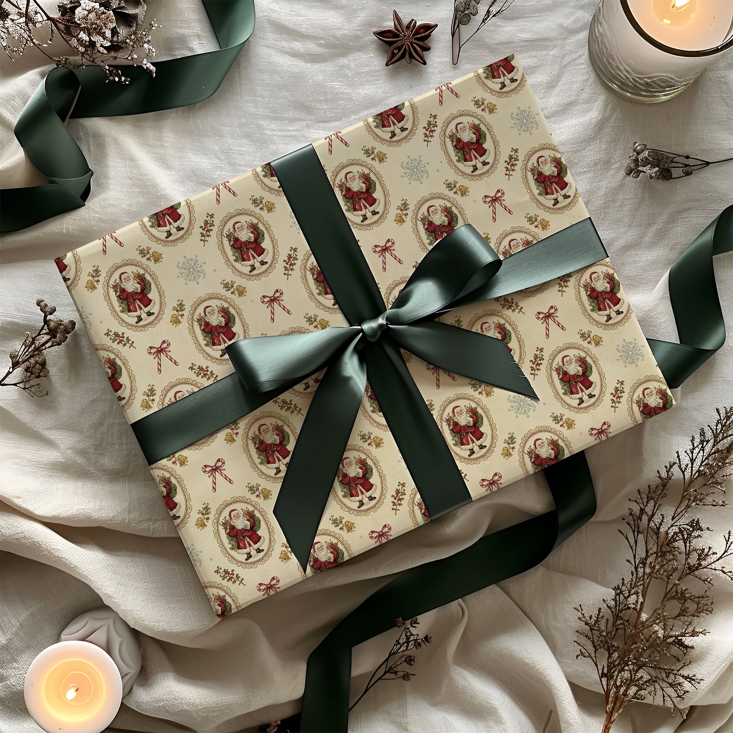 Vintage Santa Crest with Bows Christmas Gift Wrapping Paper Sheets