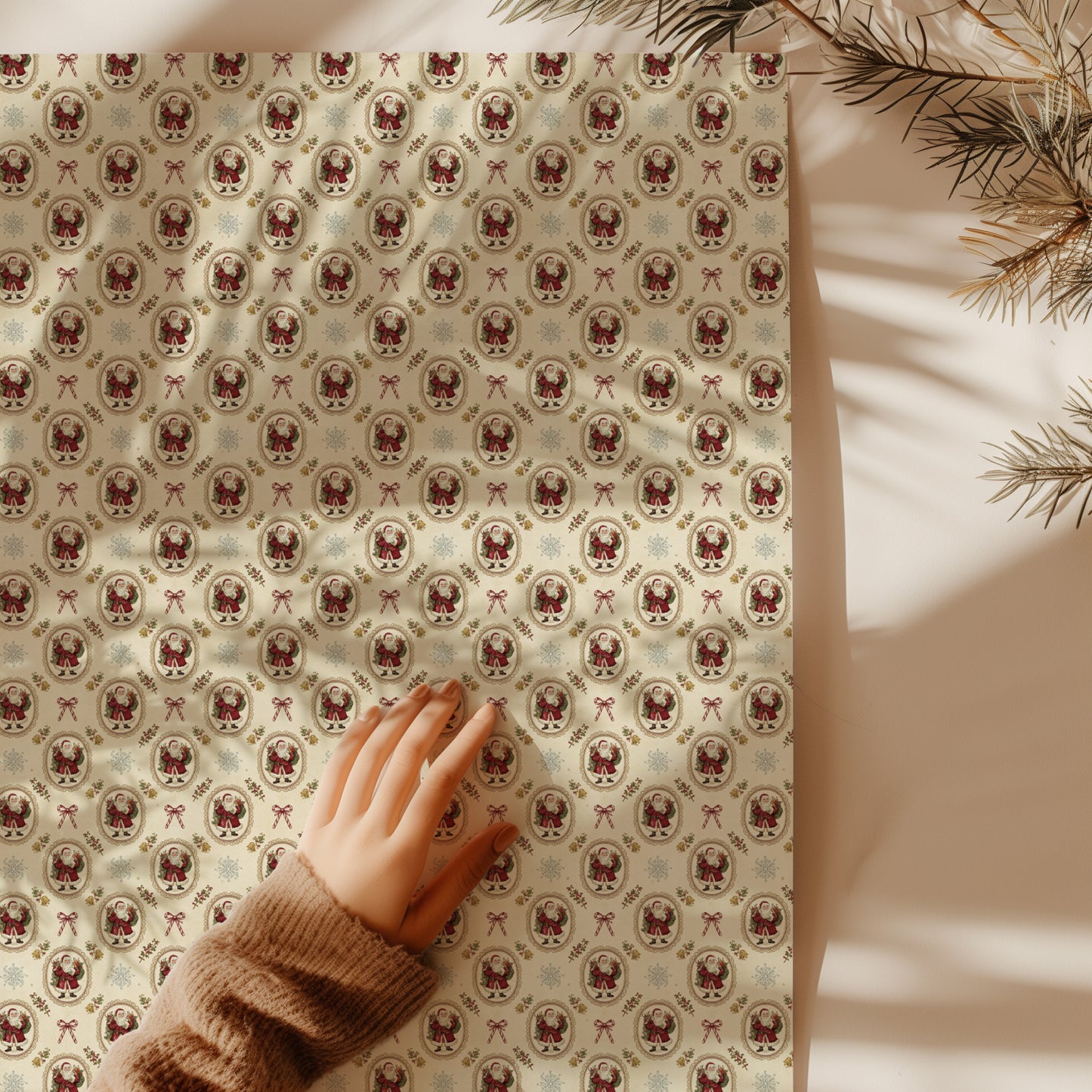 Vintage Santa Crest with Bows Christmas Gift Wrapping Paper Sheets