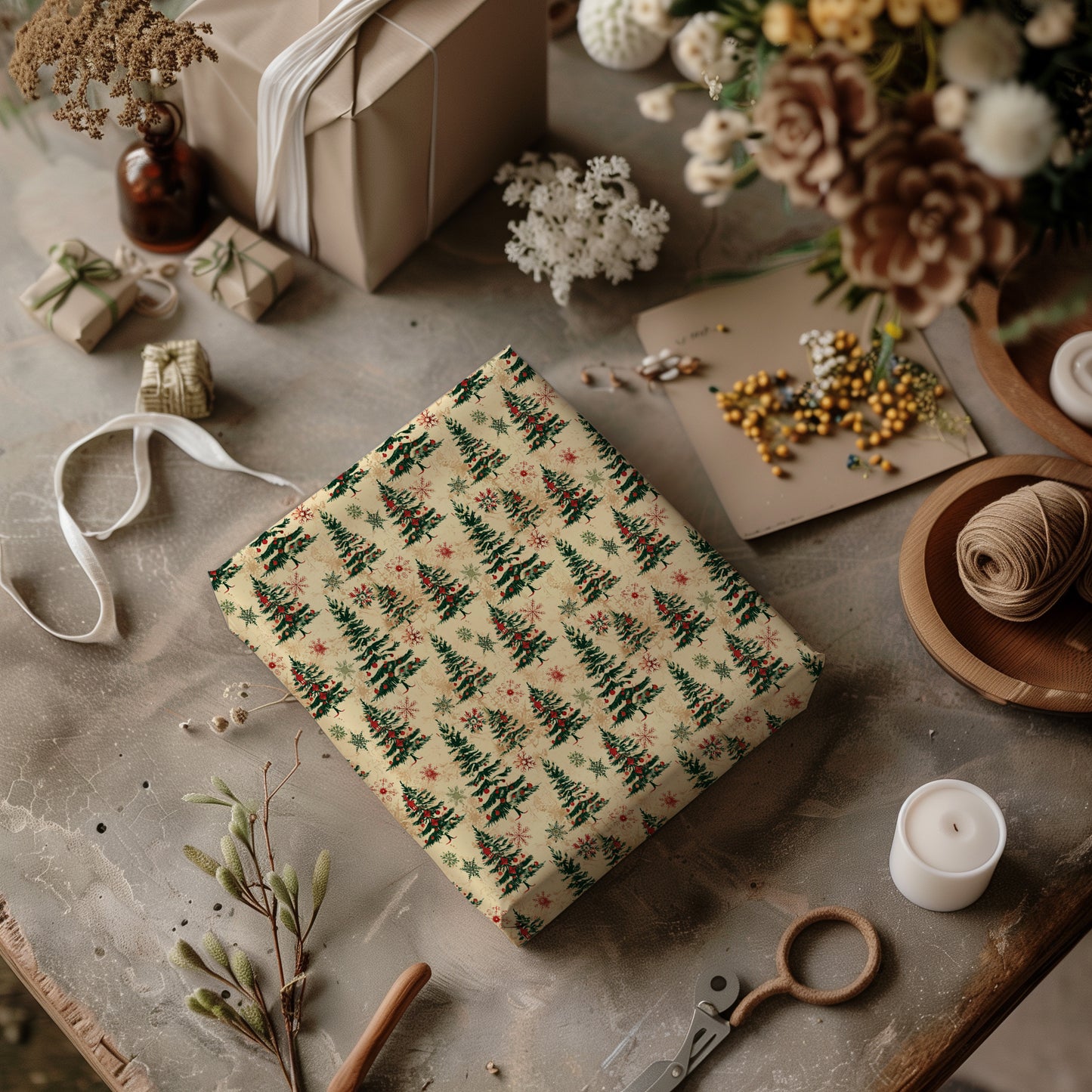 Vintage Festive Christmas Tree Gift Wrapping Paper Sheets