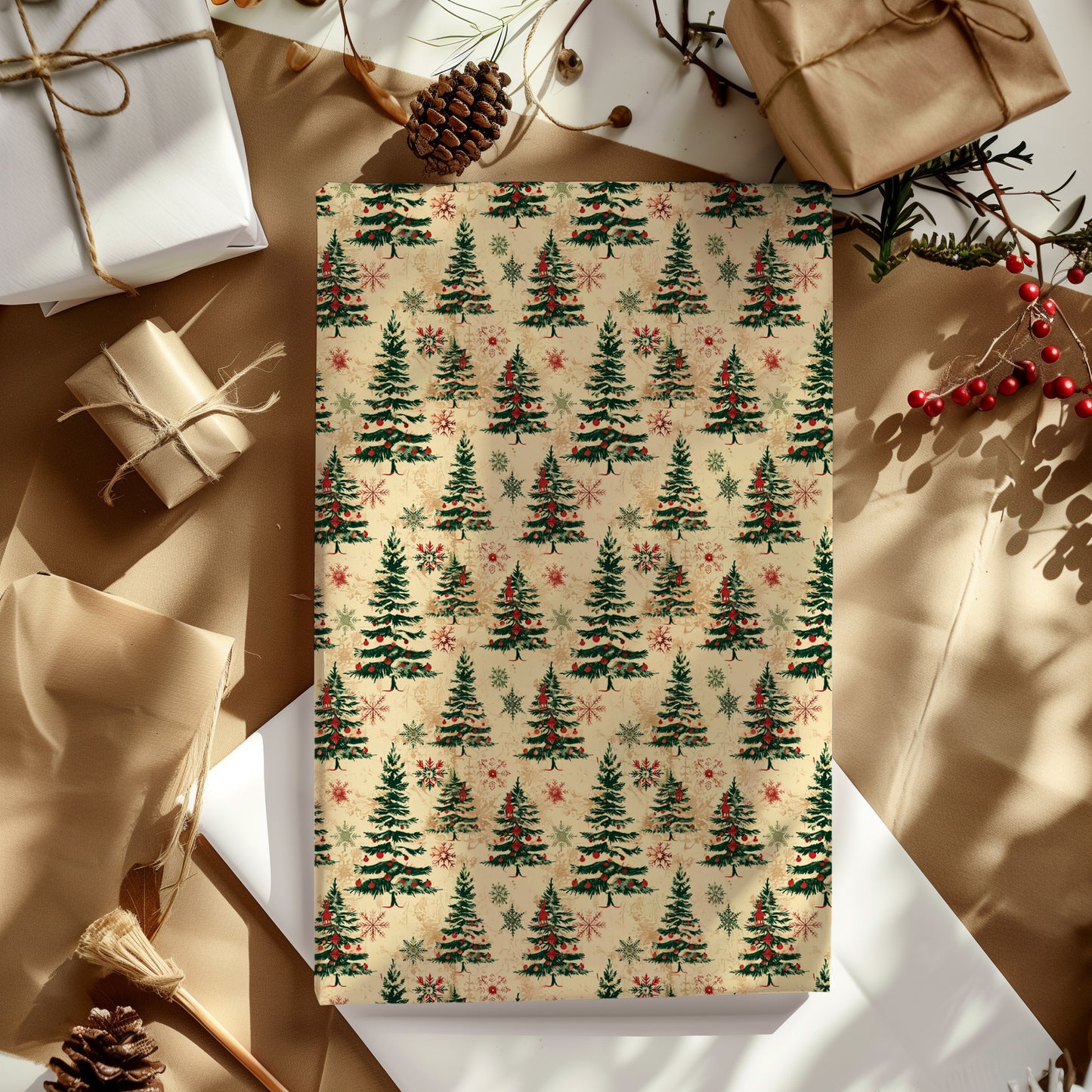 Vintage Festive Christmas Tree Gift Wrapping Paper Sheets
