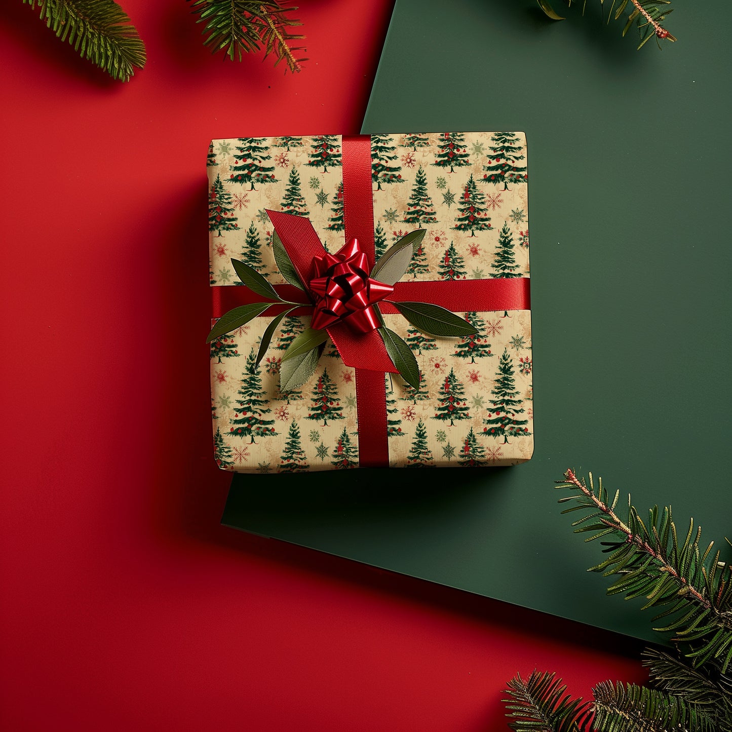 Vintage Festive Christmas Tree Gift Wrapping Paper Sheets