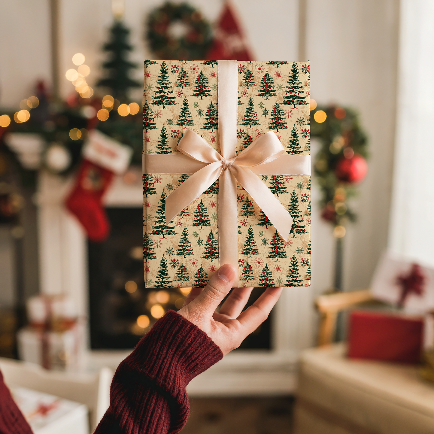 Vintage Festive Christmas Tree Gift Wrapping Paper Sheets