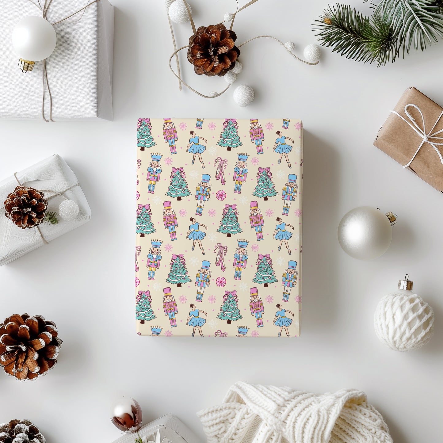 Whimsical Pastel Nutcracker and Ballerina Coquette Christmas Gift Wrapping Paper Sheets