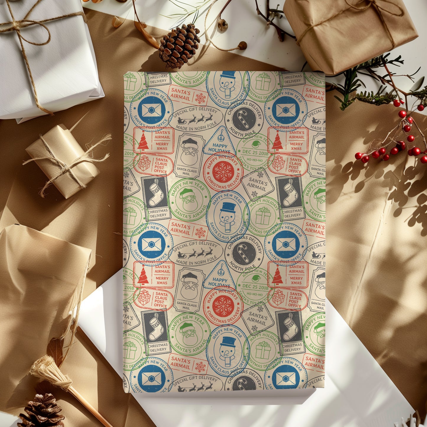 North Pole Postage Stamp Christmas Santa Gift Wrapping Paper Sheets