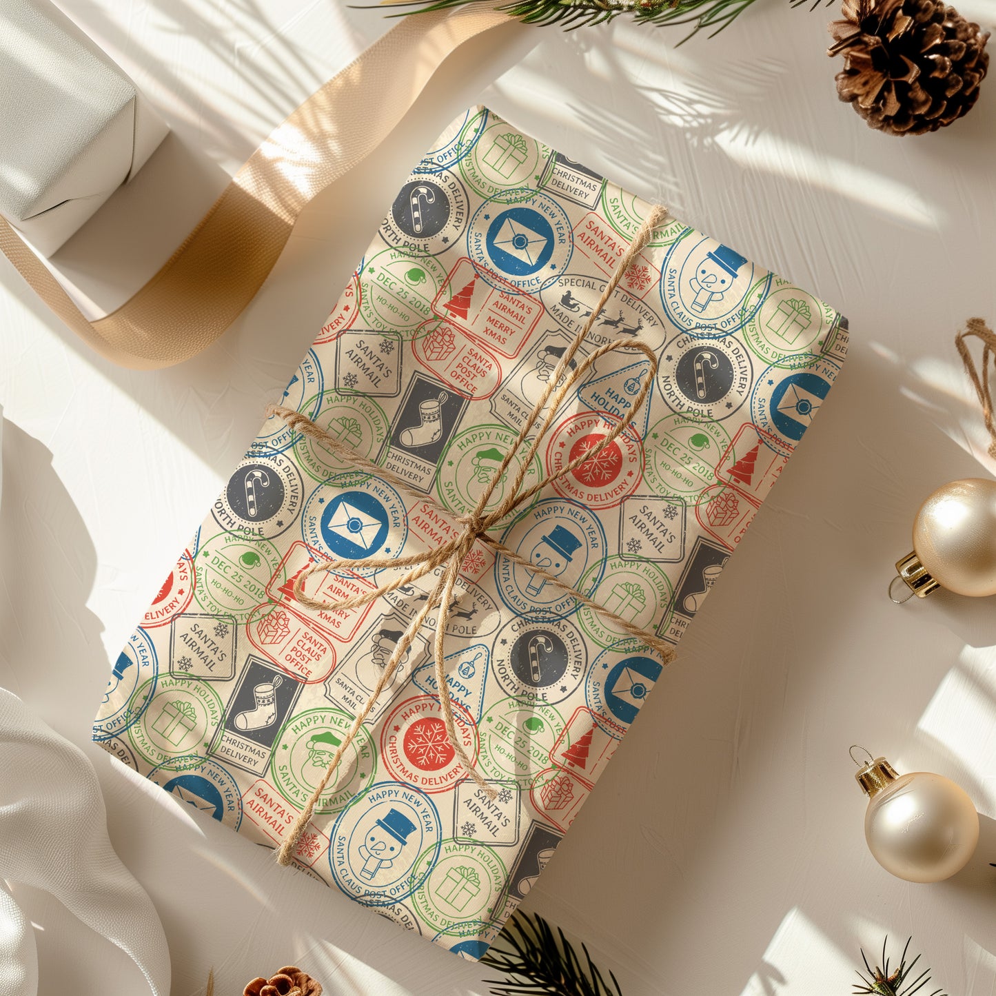 North Pole Postage Stamp Christmas Santa Gift Wrapping Paper Sheets