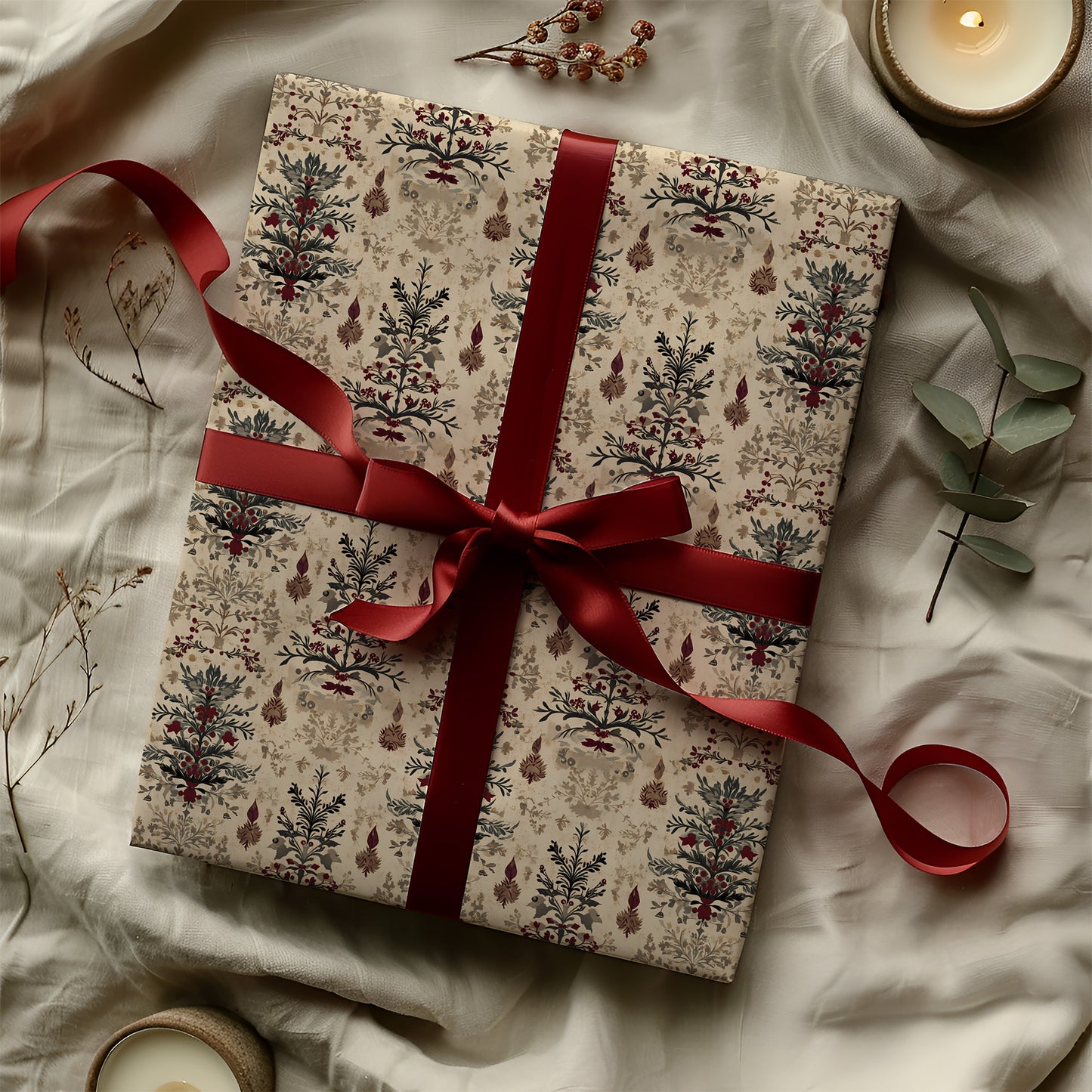 Victorian Burgundy and Green Antique Tree Christmas Gift Wrapping Paper Sheets