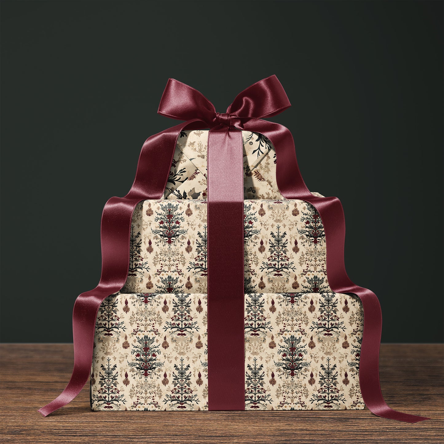 Victorian Burgundy and Green Antique Tree Christmas Gift Wrapping Paper Sheets