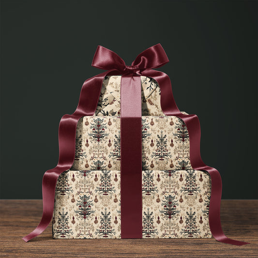 Victorian Burgundy and Green Antique Tree Christmas Gift Wrapping Paper Sheets