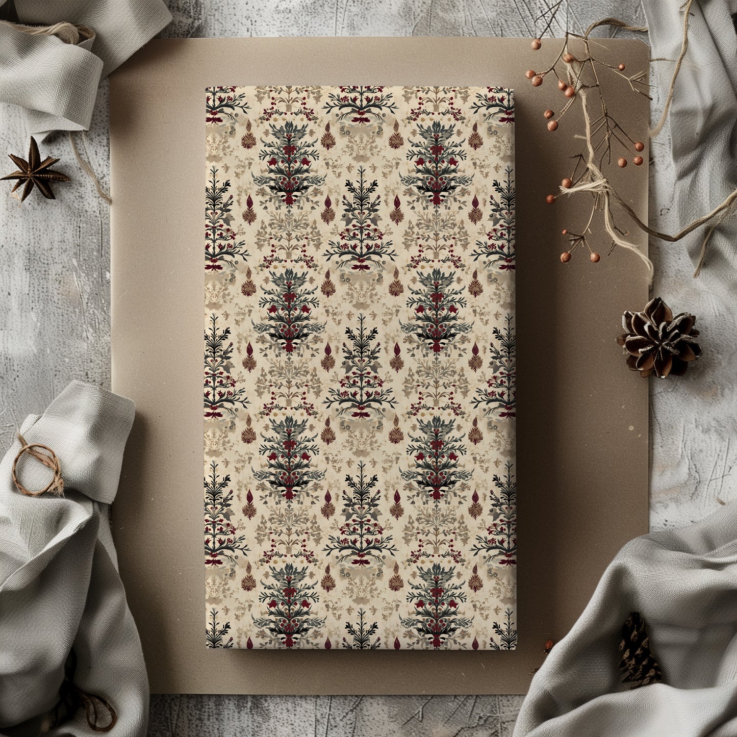 Victorian Burgundy and Green Antique Tree Christmas Gift Wrapping Paper Sheets