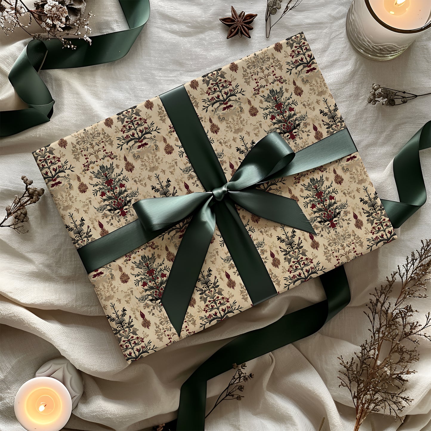 Victorian Burgundy and Green Antique Tree Christmas Gift Wrapping Paper Sheets
