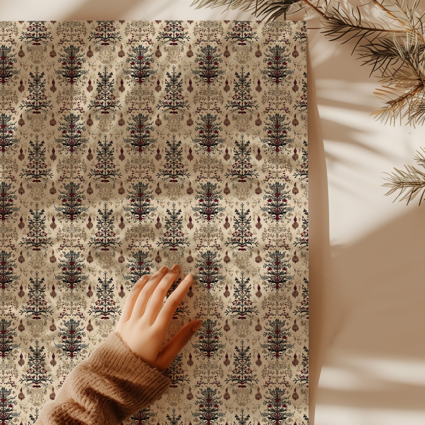 Victorian Burgundy and Green Antique Tree Christmas Gift Wrapping Paper Sheets
