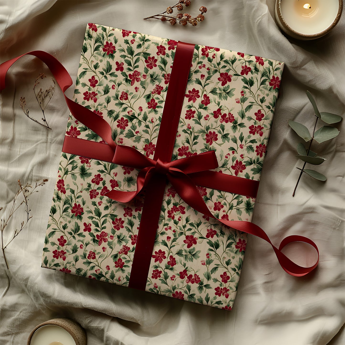Victorian Burgundy and Green Antique Floral Gift Wrapping Paper Sheets