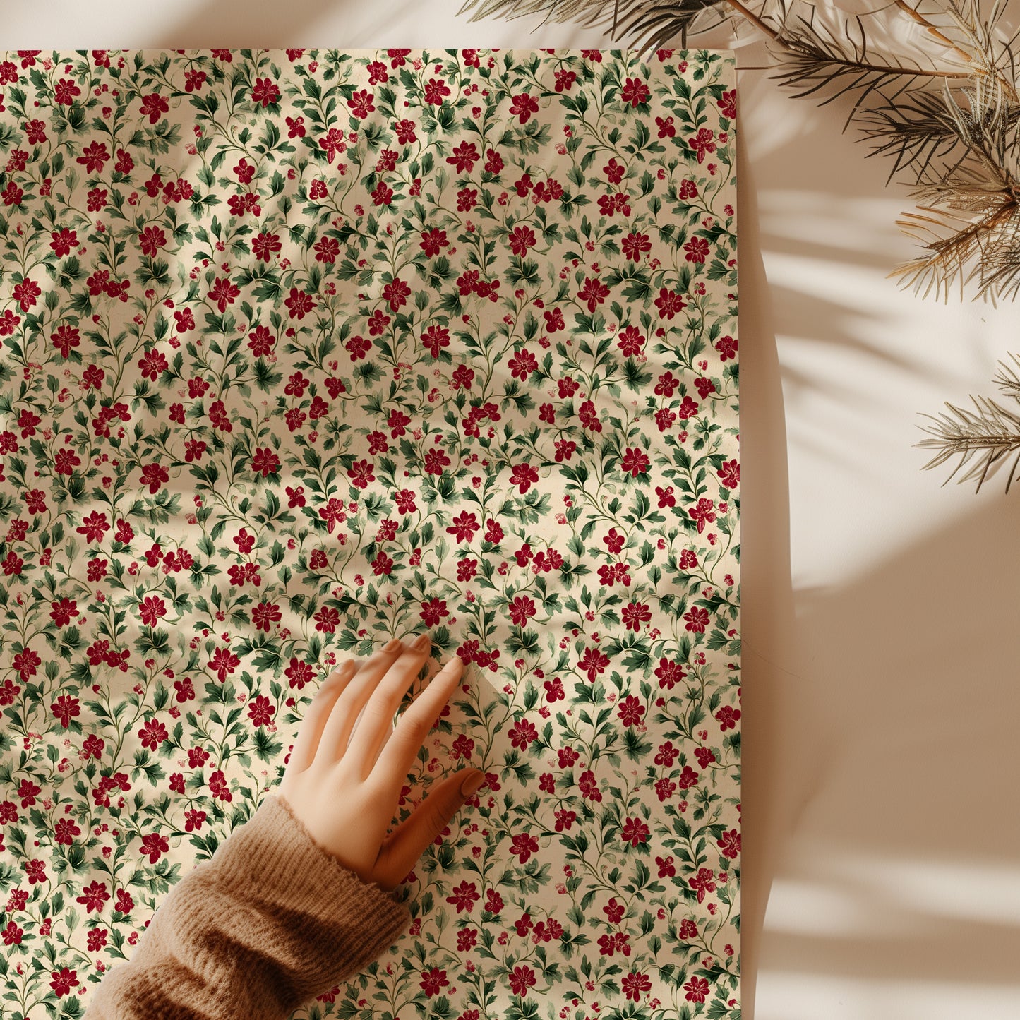 Victorian Burgundy and Green Antique Floral Gift Wrapping Paper Sheets