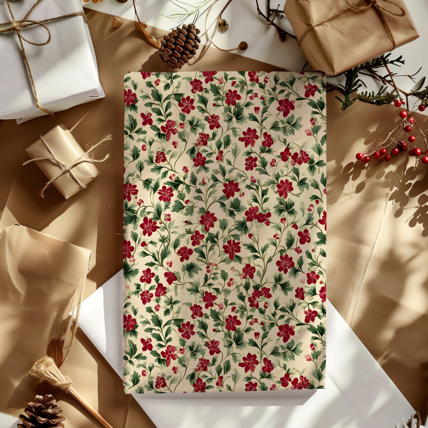 Victorian Burgundy and Green Antique Floral Gift Wrapping Paper Sheets