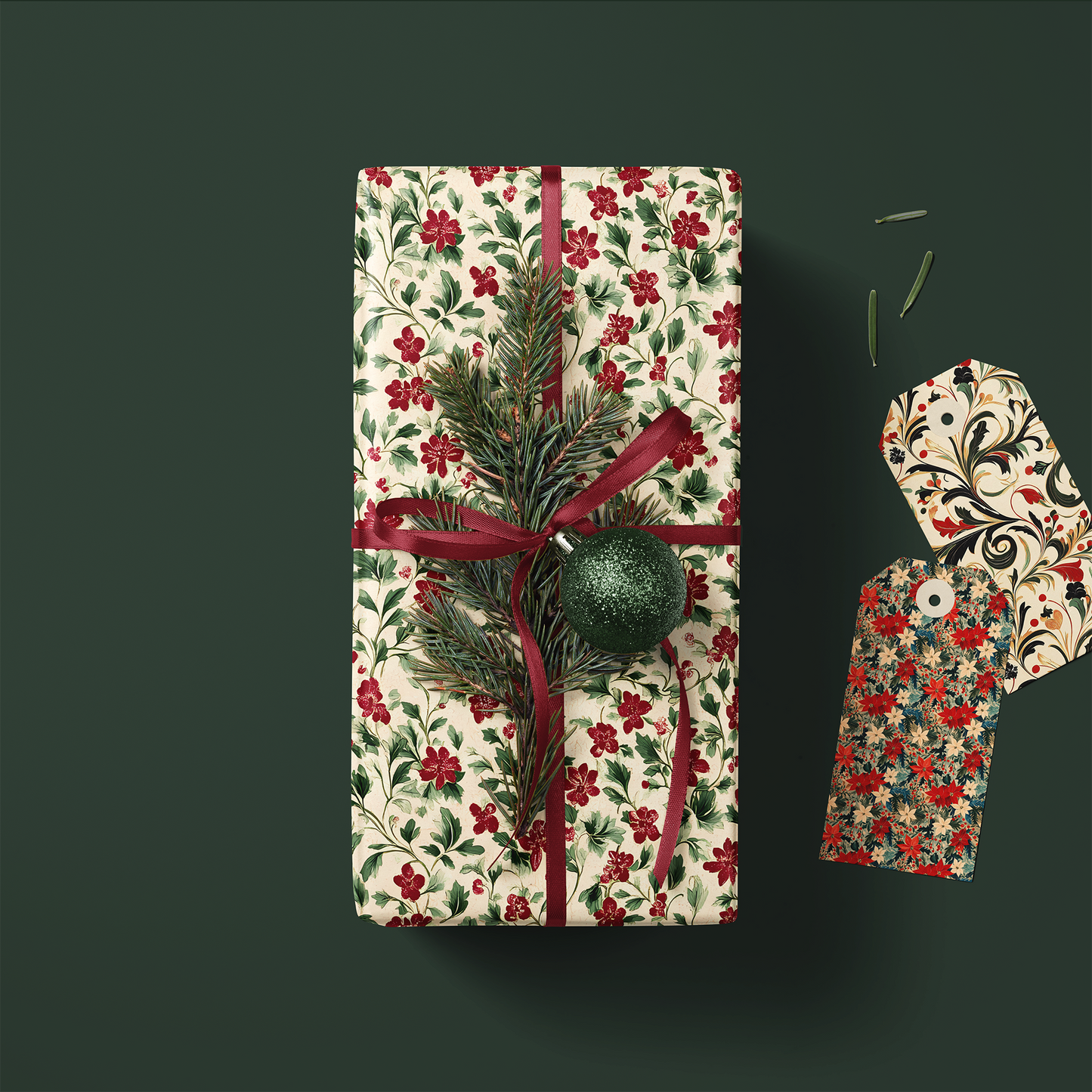 Victorian Burgundy and Green Antique Floral Gift Wrapping Paper Sheets