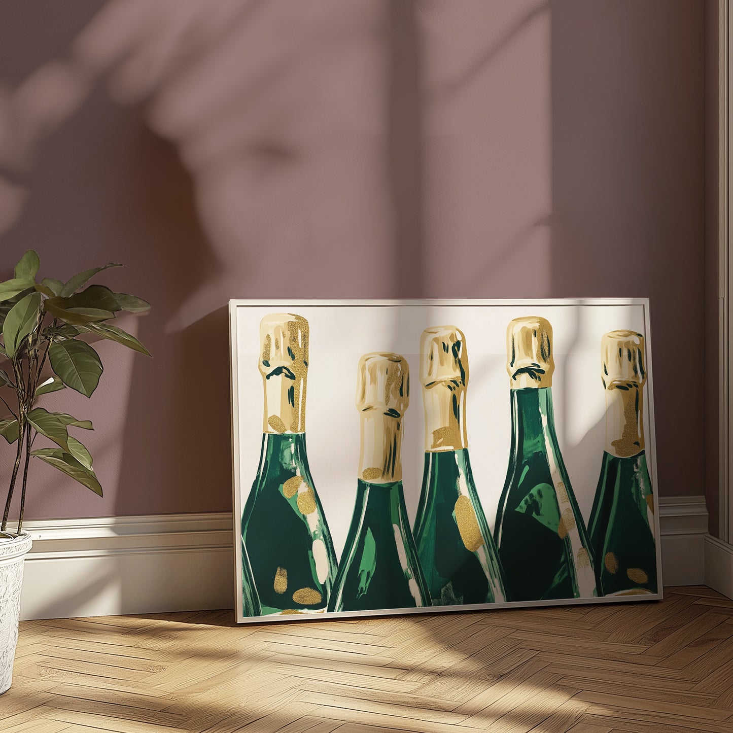 Green and Gold Champagne Bottles Matte Horizontal Poster Art Print