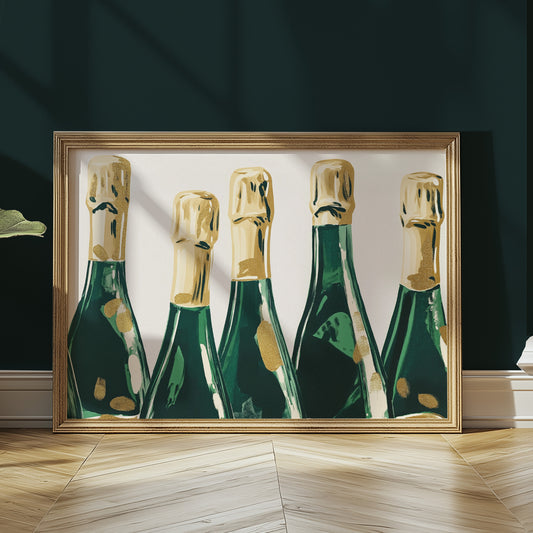 Green and Gold Champagne Bottles Matte Horizontal Poster Art Print