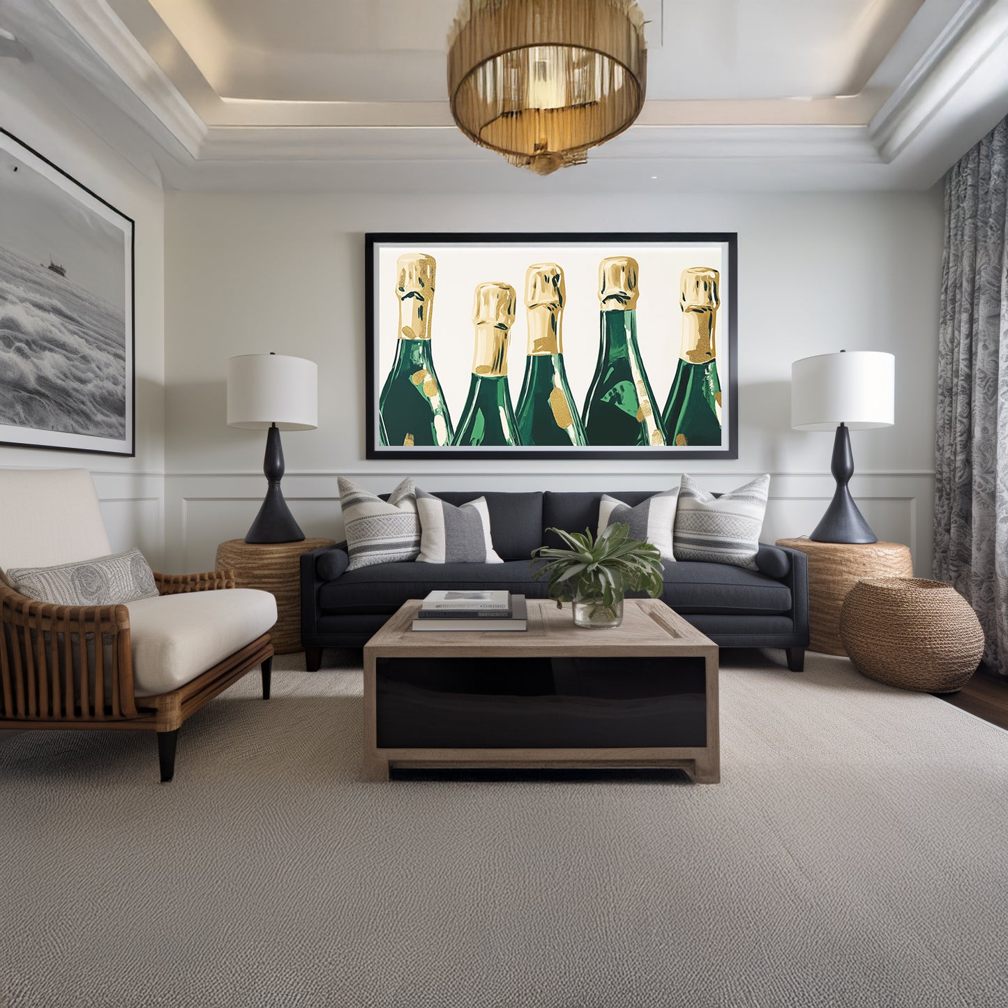 Green and Gold Champagne Bottles Matte Horizontal Poster Art Print