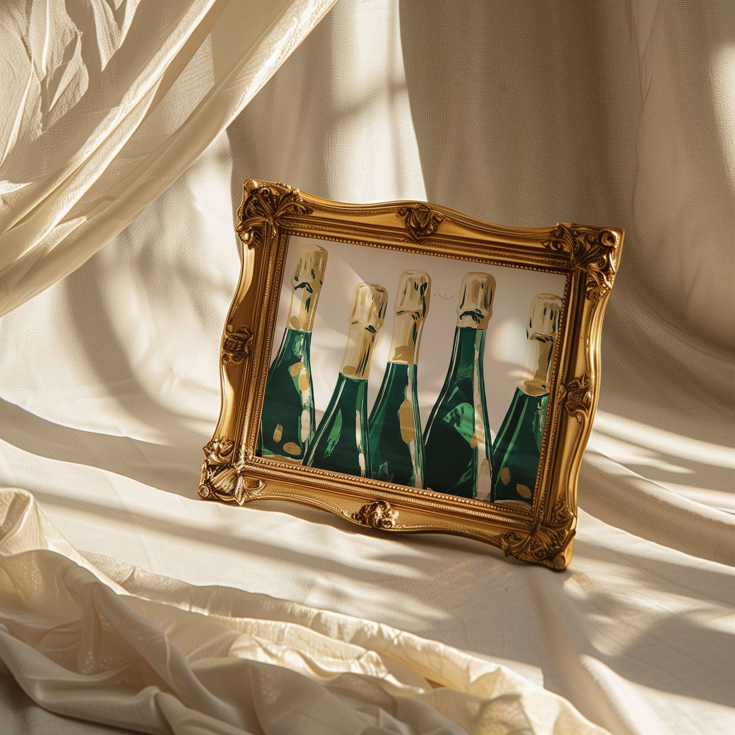Green and Gold Champagne Bottles Matte Horizontal Poster Art Print