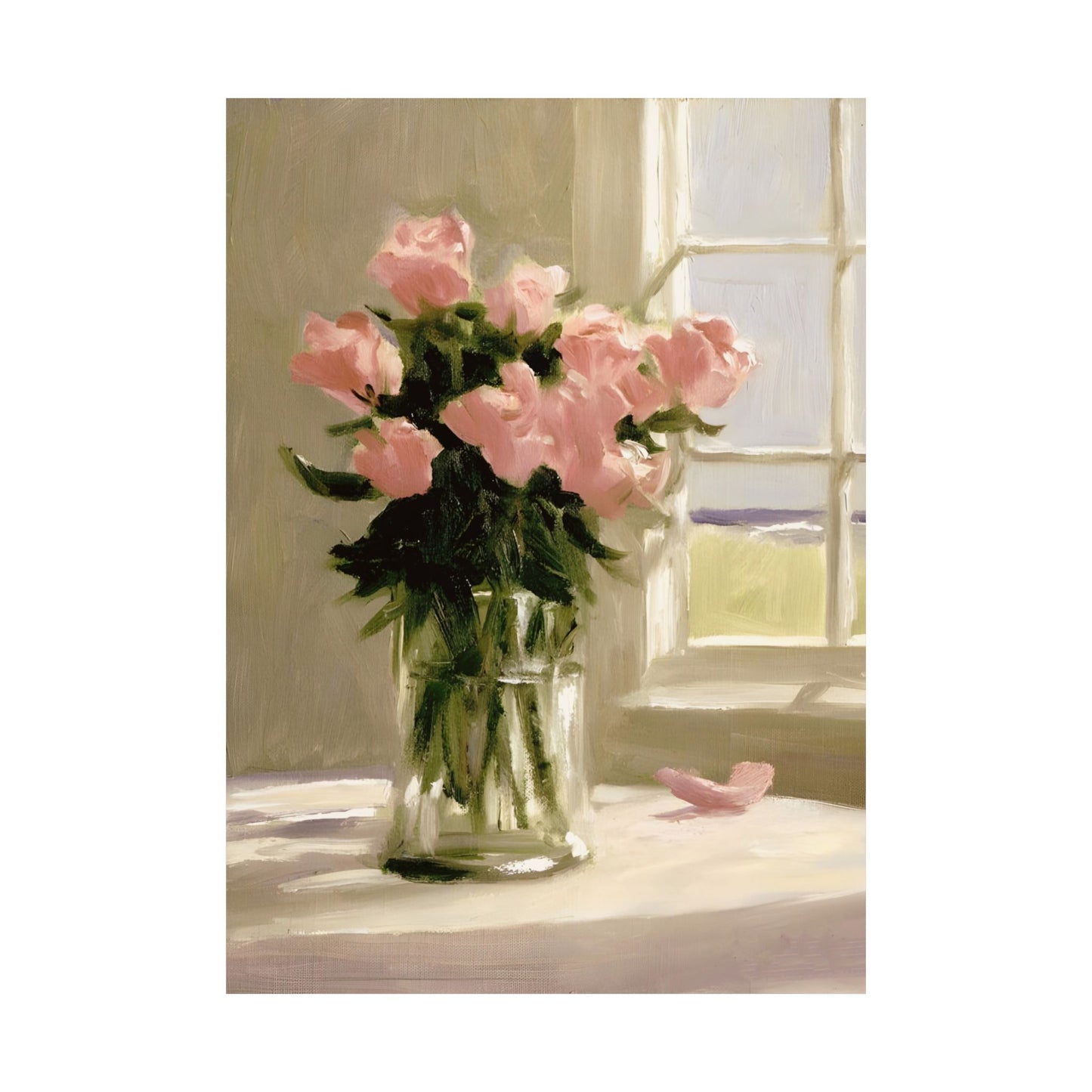 Vase of Pink Roses on a Table Matte Vertical Poster Art Print