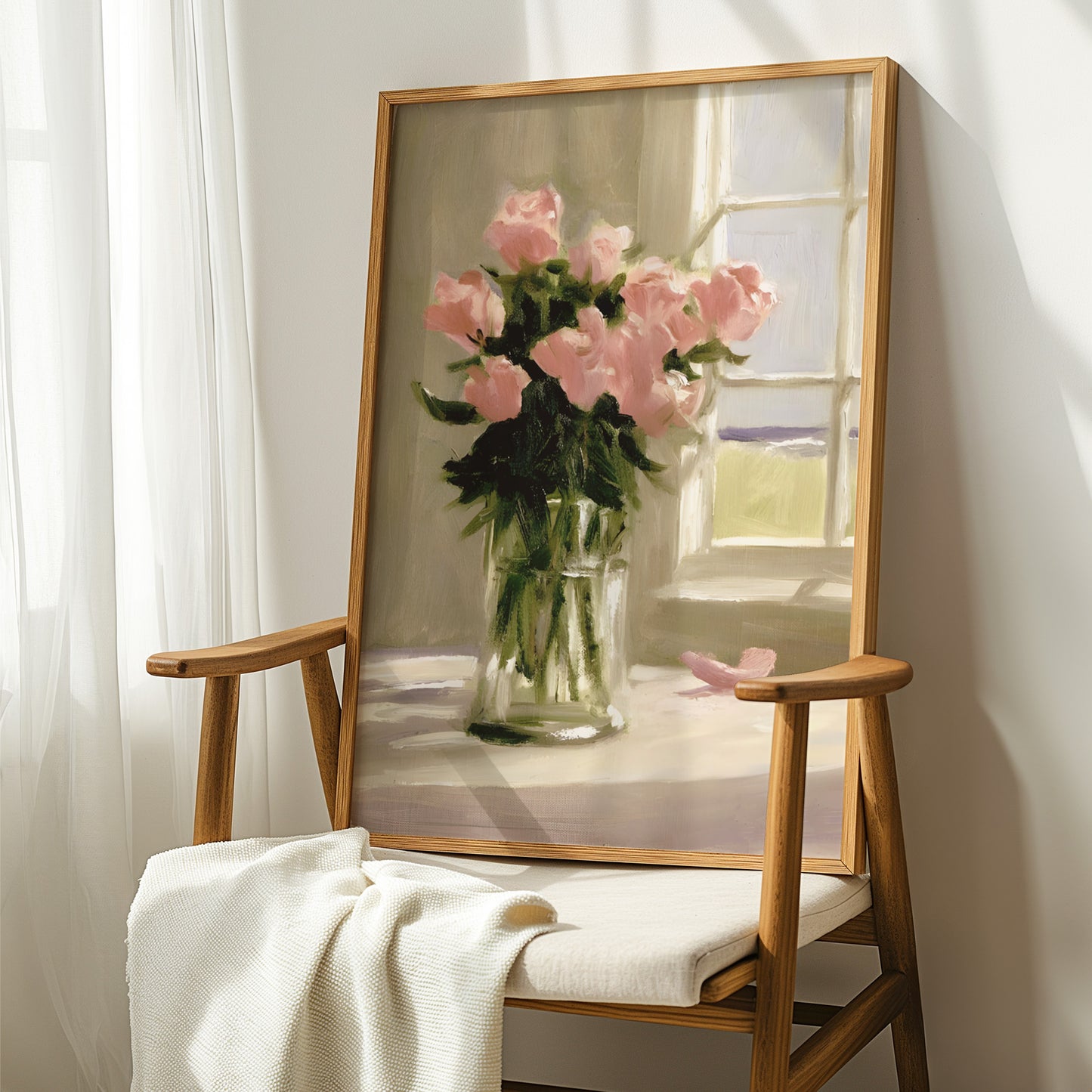 Vase of Pink Roses on a Table Matte Vertical Poster Art Print