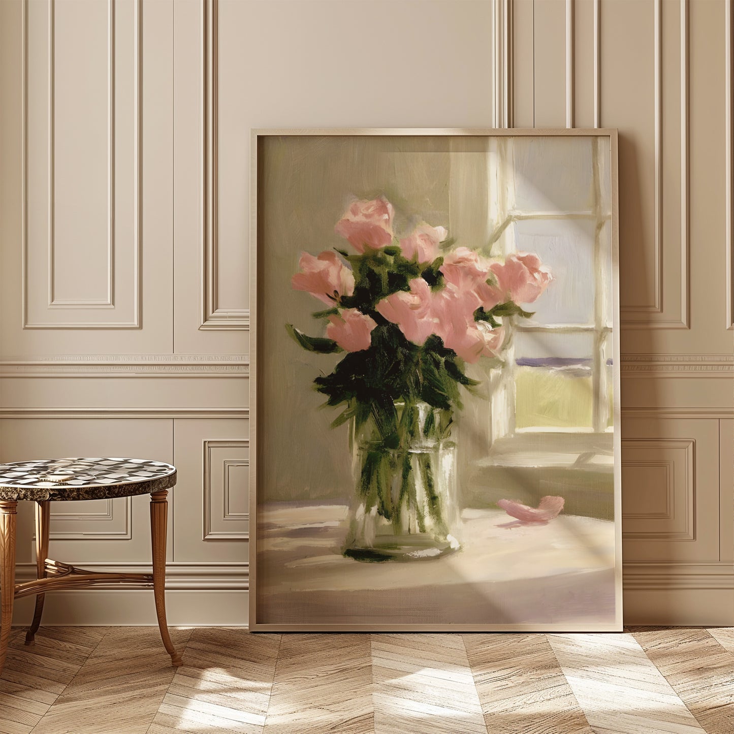 Vase of Pink Roses on a Table Matte Vertical Poster Art Print