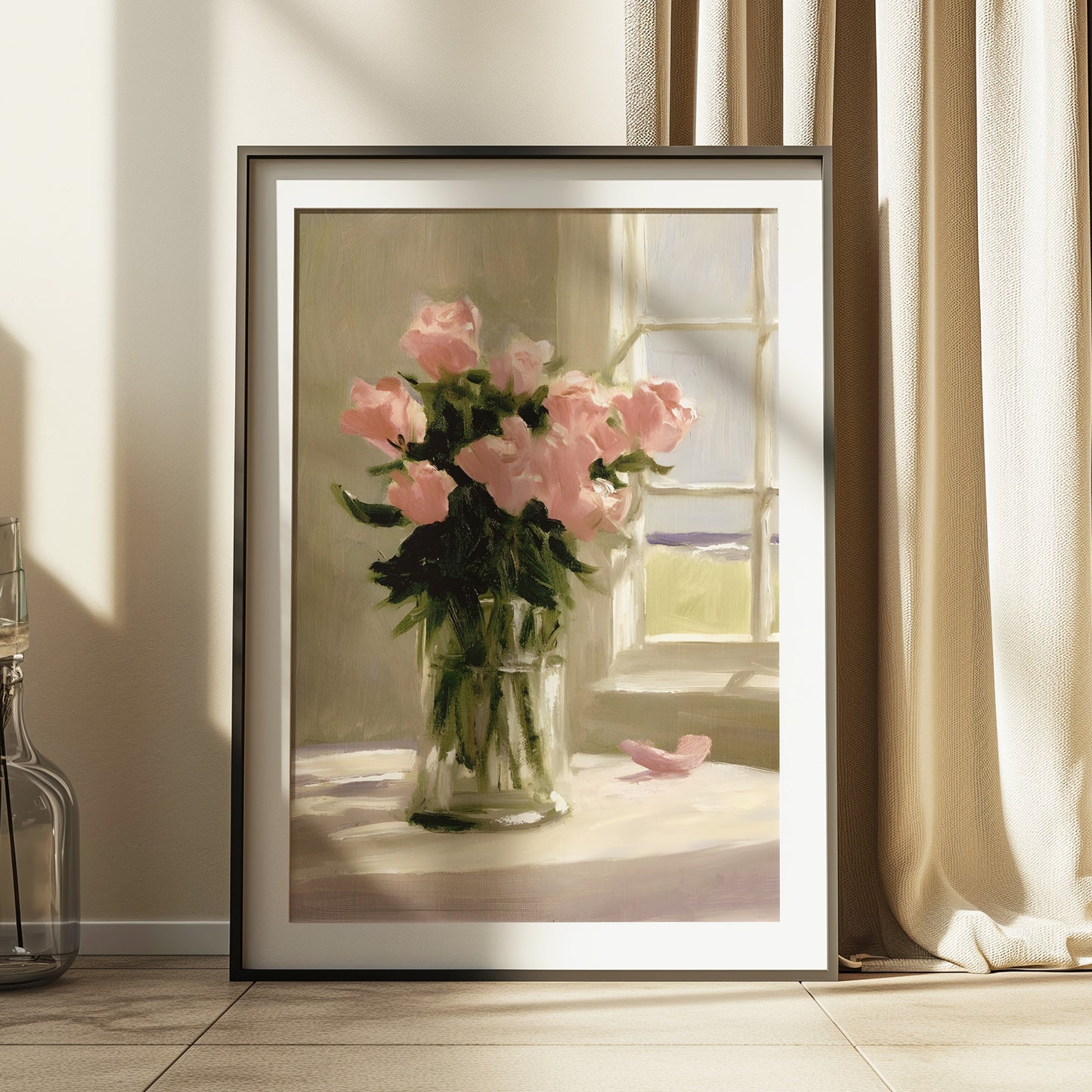Vase of Pink Roses on a Table Matte Vertical Poster Art Print